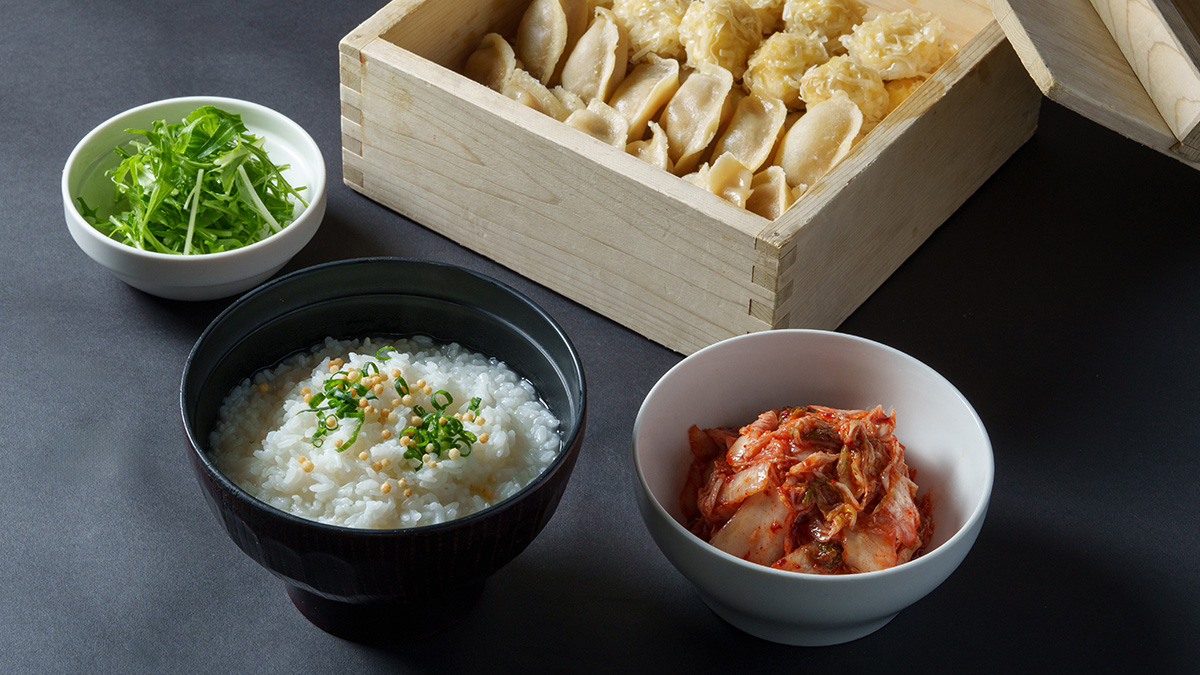Rice porridge, dim sum, and kimchi