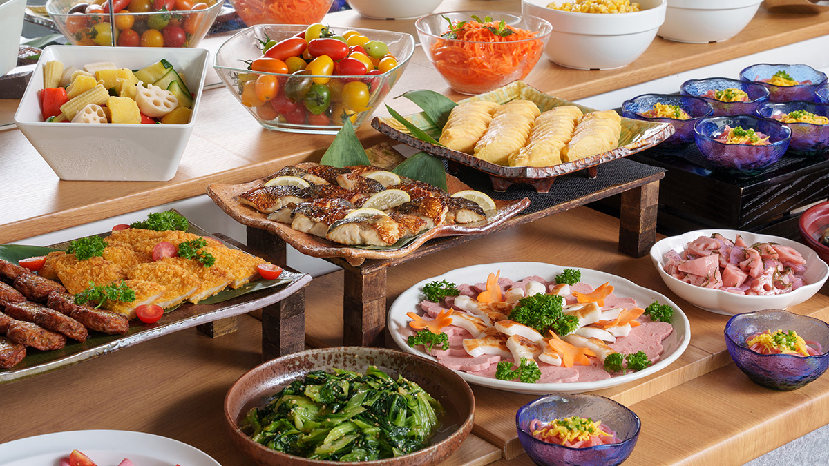 A counter with buffet dishes