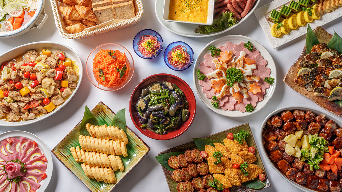 A wide view of the buffet spread