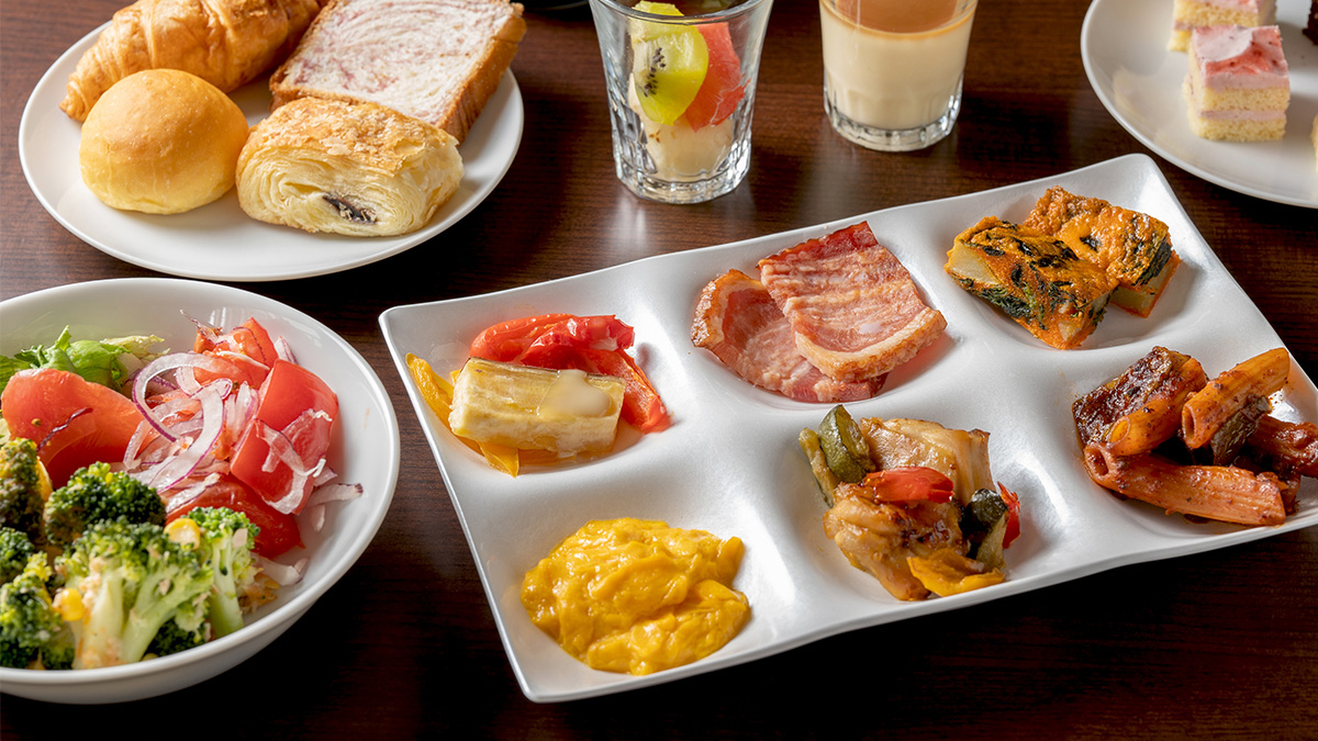 Close-up of Western-style dishes arranged on a plate