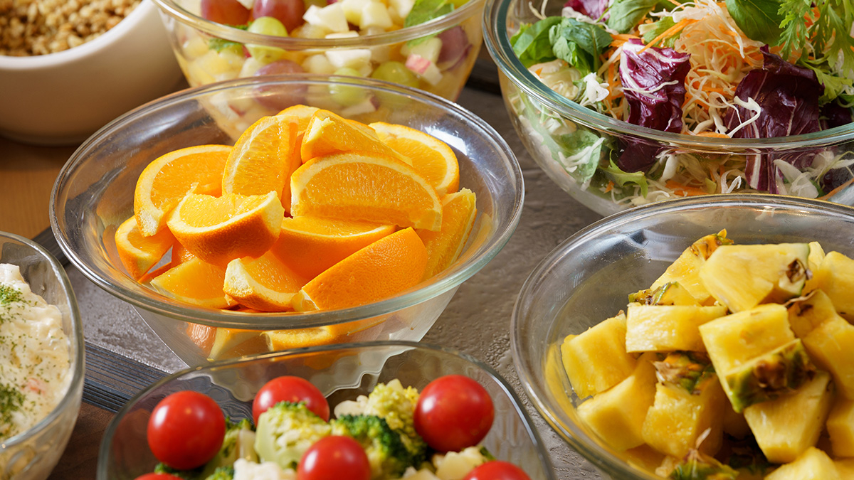 Fruits such as oranges and pineapples