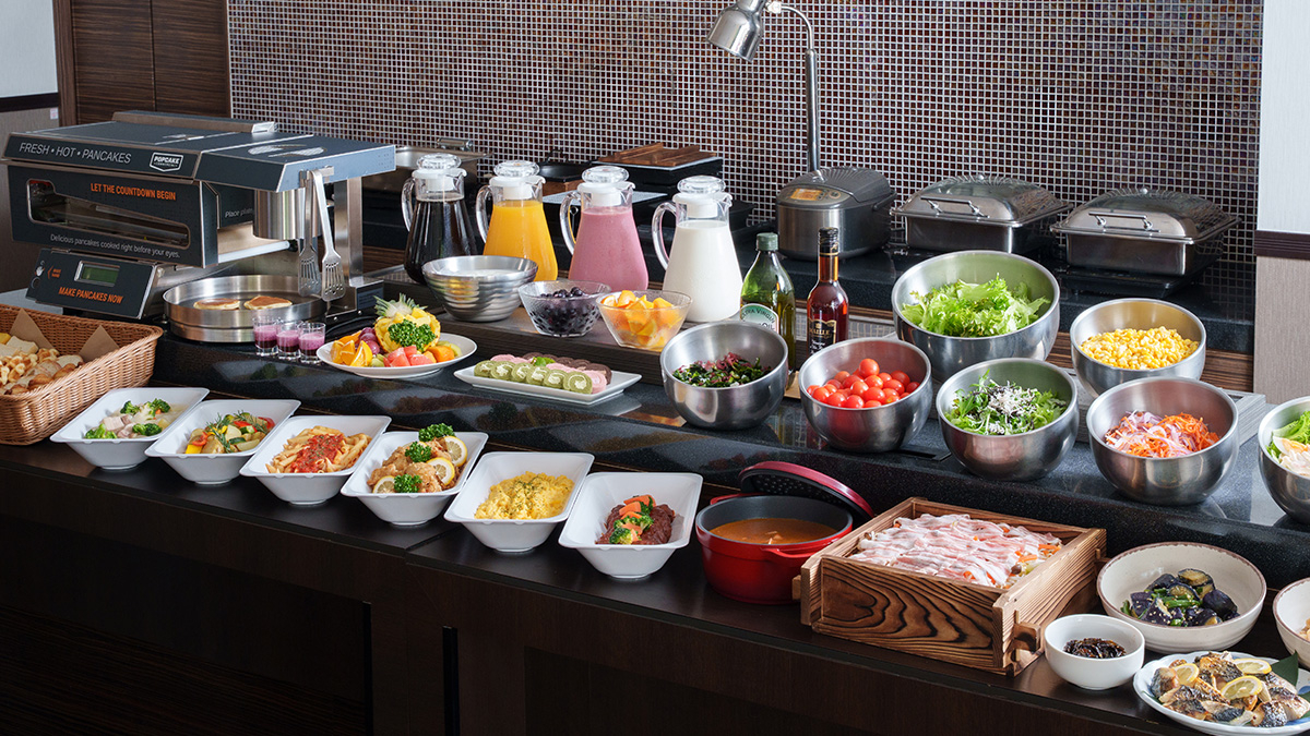 A View of the Buffet Spread and the Pancake Machine