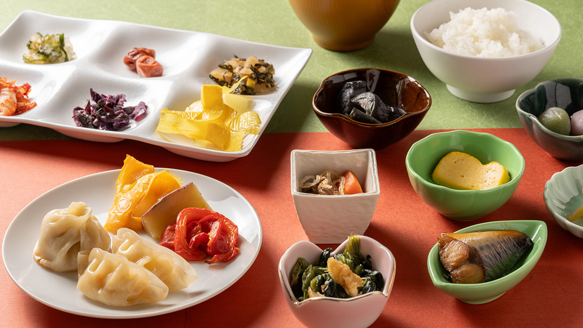 Close-up of Japanese dishes arranged on a plate