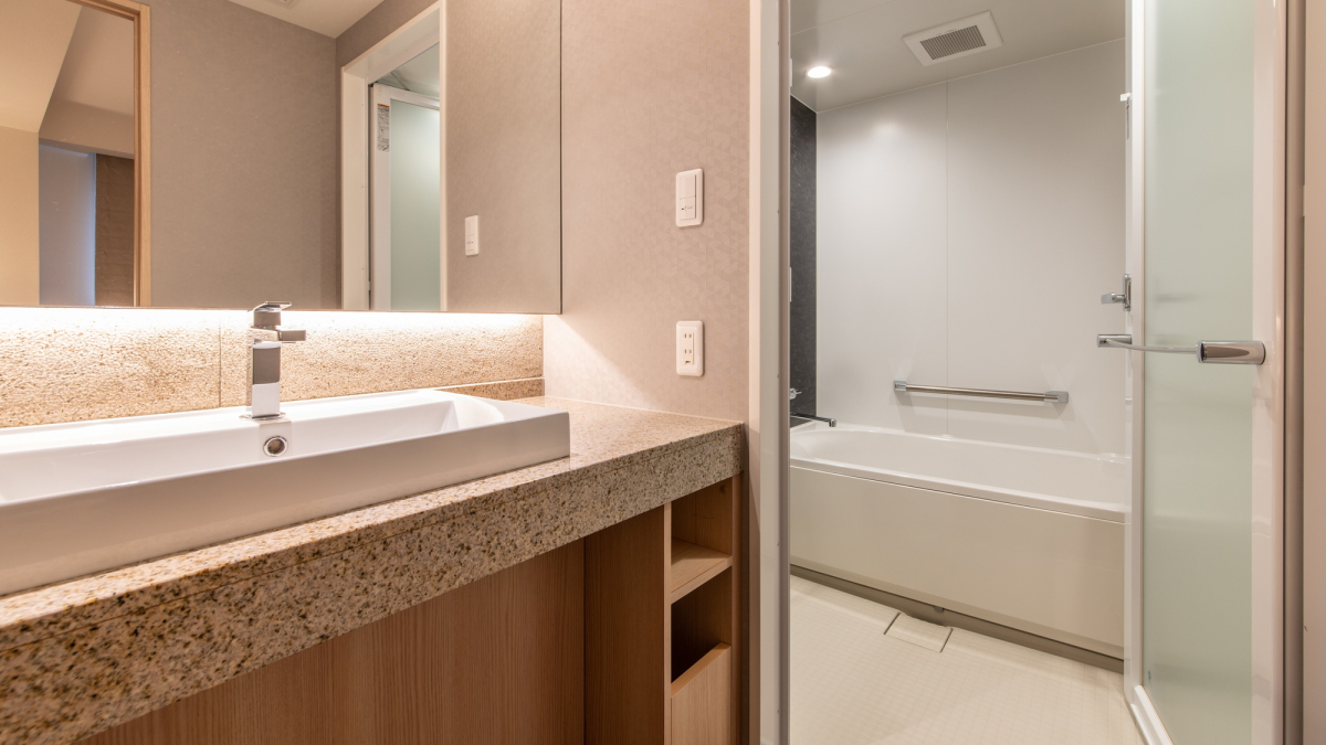 Washbasin and Bathroom in Deluxe twin room(with couch)