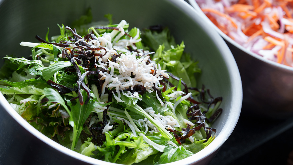Close-up of a Salad with Kamaage Shirasu and Mizuna
