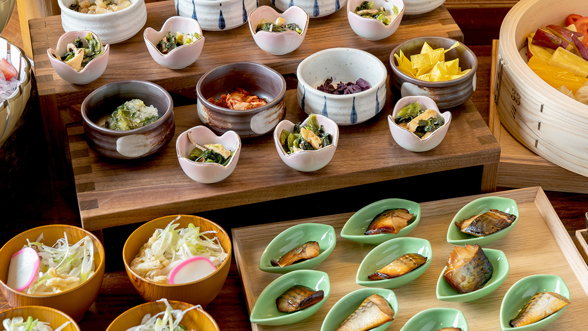 A buffet with a selection of obanzai and Kyoto-style pickles