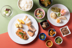 Buffet food on a plate taken from directly above