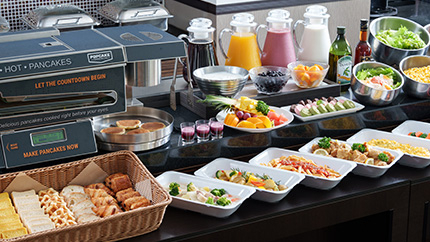 A View of the Buffet Spread and the Pancake Machine