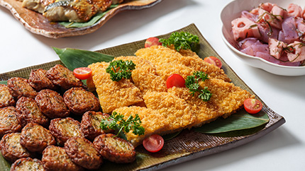 Gansu fish cake and Hiroshima greens satsuma-age