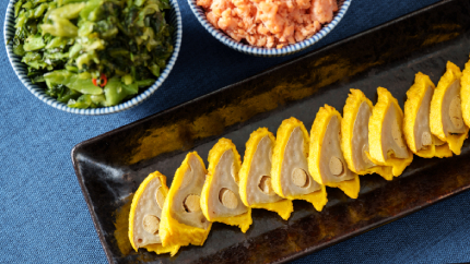 Karashi renkon, takana (pickled mustard greens), and flaked salmon